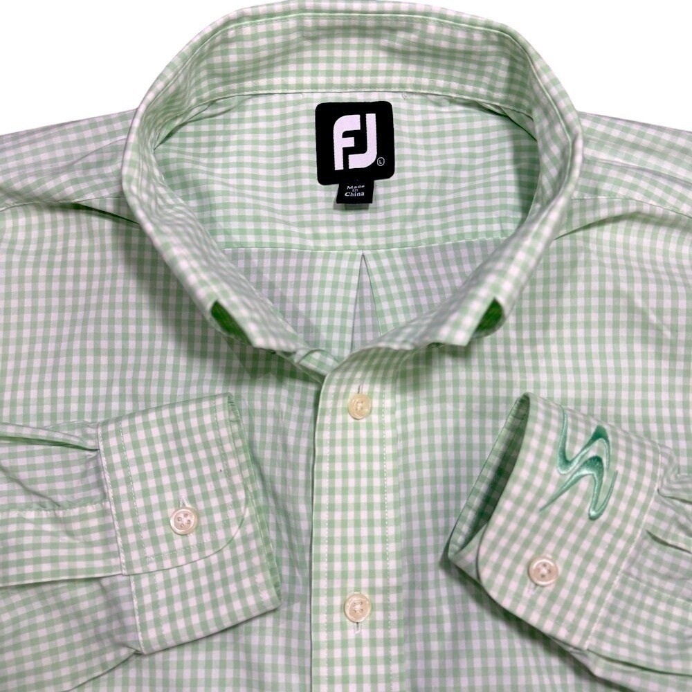 FootJoy Button Down Mens Large Green Gingham Performance Nylon Spandex Golf Logo